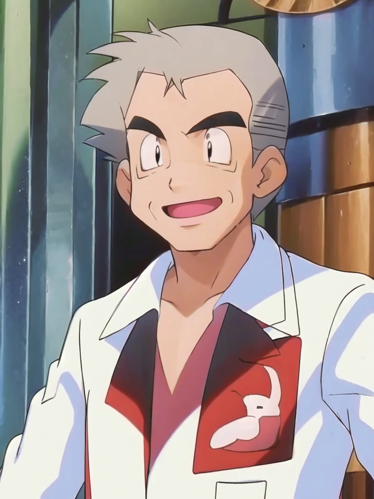 (masterpiece, best quality:1.2),1boy,solo,samuel oak \(pokemon\),upper body,black eyes,grey hair,lab coat,red shirt,looking at viewer,smile