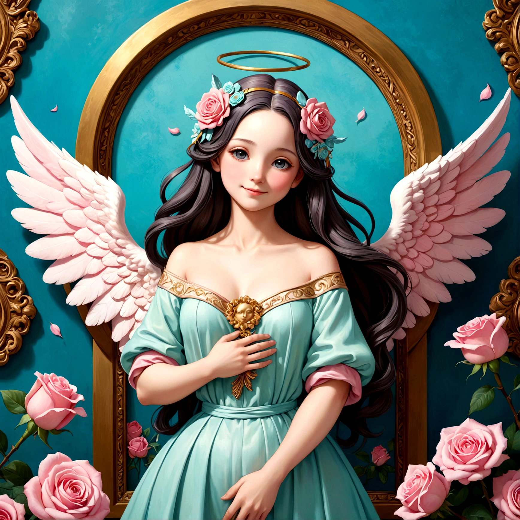 kawaii、Pale pink color illustration、(Angel wings、😇、a smile、😌🥰Archaic Smile).hyper realstic、Ultra-realistic、Depiction of the human body without distortion、Monna Lisa、Woman in the Arms、Near and far law、Three-dimensional、Contemporary painting、moderno、world masterpiece、collection、Homage to the art or artist work of Picasso and Renoir, Not sentimental、Excellent portrayal、Gentle expression、More detailed character faces, Serious competition、Compositions like paintings、(Konmutsuki_Gacha_Series 1, punk_rosette), Realistic、Delicate brushwork、aqua color flowers, (Full body, elegant flowers background)