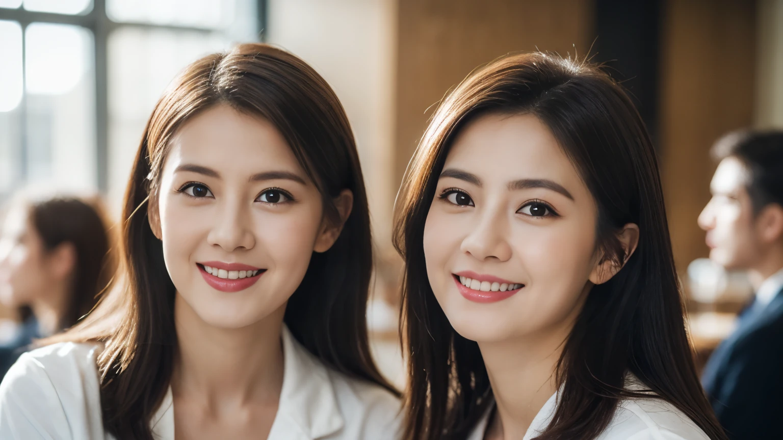 Cafe Background、Long blonde hair、Straight Hair、Light brown eyes、infp young woman、Doctor、thin、cute、Innocence、Photorealistic、Lens flare、Looking at the audience、Glowing Skin、uniform、Intricate detailasterpiece、Highest quality、Cinematic light、High resolution、Detailed eyes、Detailed facial features、Esbian all over, Photographed inside the cafe