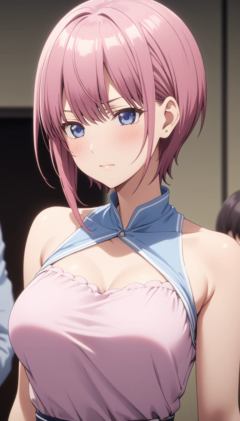 (Highest quality、Masterpiece、Very detailed、4K)、One Woman、************、Pink Hair、short hair、(((Nakano Ichika)))、chest、arm