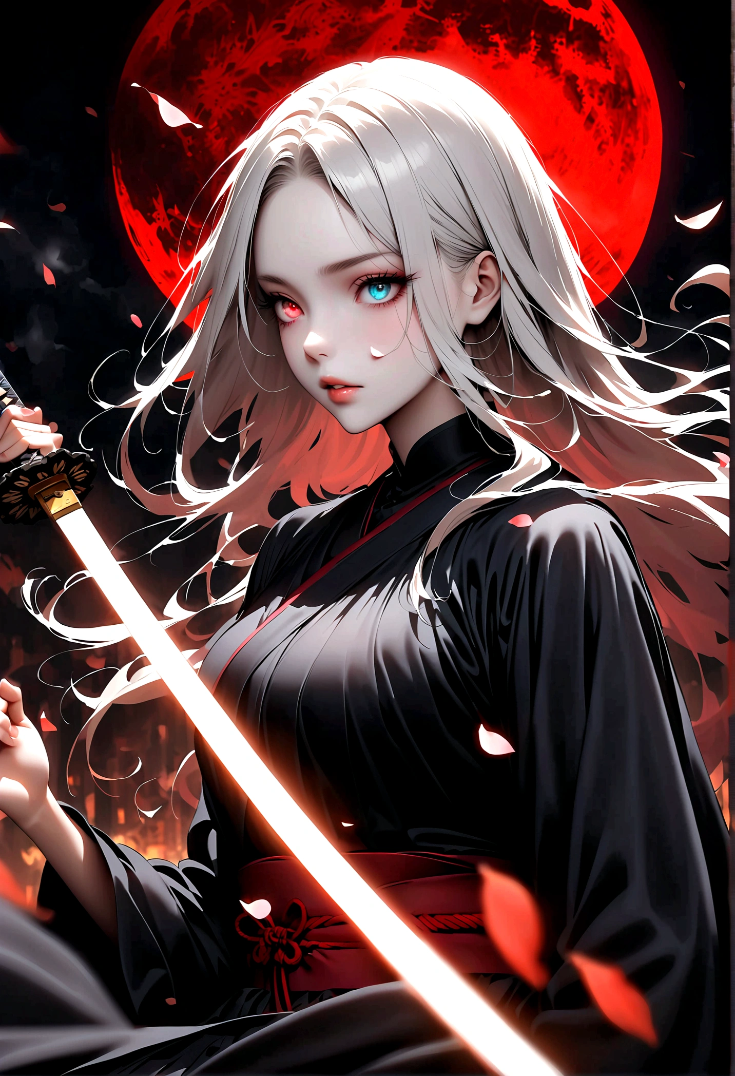 Japanese Anime:1 Girl, Beautiful and delicate eyes, Heterochromia,Beautiful and delicate lips, Extremely detailed eyes and face, Long eyelashes, Elegant Posture, Sexy,White long hair, Black pleated skirt, (((Glowing katana, Motion Blur, Petals in the air,))) Blurred foreground, Focus on the face, Japanese Anime艺术风格, Powerful energy, Dynamic Action, Red Moon, dark purple tones,
