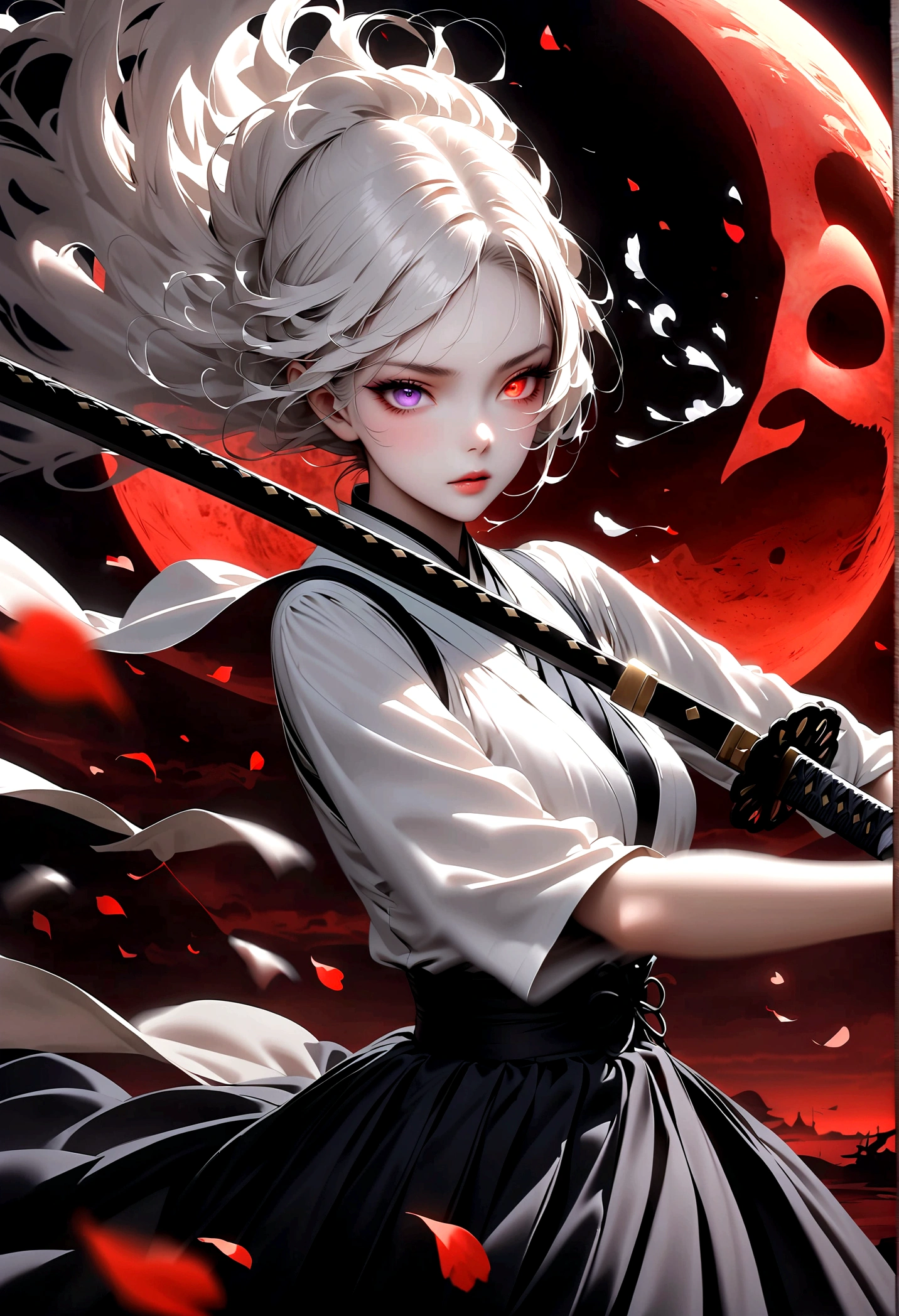 Japanese Anime:1 Girl, Beautiful and delicate eyes, Heterochromia,Beautiful and delicate lips, Extremely detailed eyes and face, Long eyelashes, Elegant Posture, Sexy,White long hair, Black pleated skirt, (((Glowing katana, Motion Blur, Petals in the air,))) Blurred foreground, Focus on the face, Japanese Anime艺术风格, Powerful energy, Dynamic Action, Red Moon, dark purple tones,