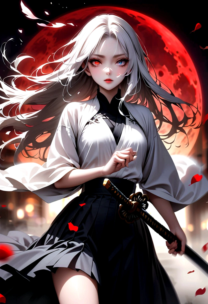 Japanese Anime：1 Girl, Beautiful and delicate eyes, Heterochromia，Beautiful and delicate lips, Extremely detailed eyes and face, Long eyelashes, Elegant Posture, Sexy，White long hair, Black pleated skirt, (((Glowing katana, Motion Blur, Petals in the air,))) Blurred foreground, Focus on the face, Japanese Anime艺术风格, Powerful energy, Dynamic Action, Red Moon, dark purple tones,