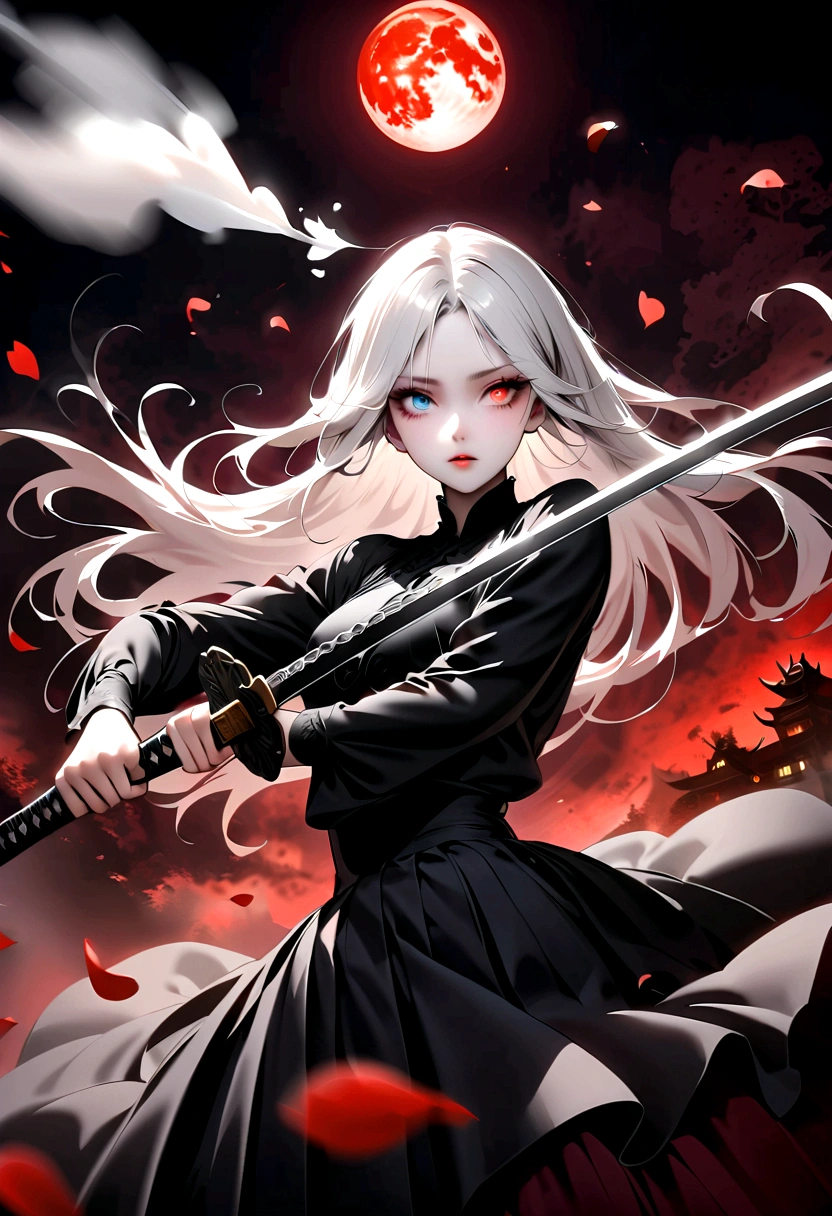 Japanese Anime：1 Girl, Beautiful and delicate eyes, Heterochromia，Beautiful and delicate lips, Extremely detailed eyes and face, Long eyelashes, Elegant Posture, Sexy，White long hair, Black pleated skirt, (((Glowing katana, Motion Blur, Petals in the air,))) Blurred foreground, Focus on the face, Japanese Anime艺术风格, Powerful energy, Dynamic Action, Red Moon, dark purple tones,