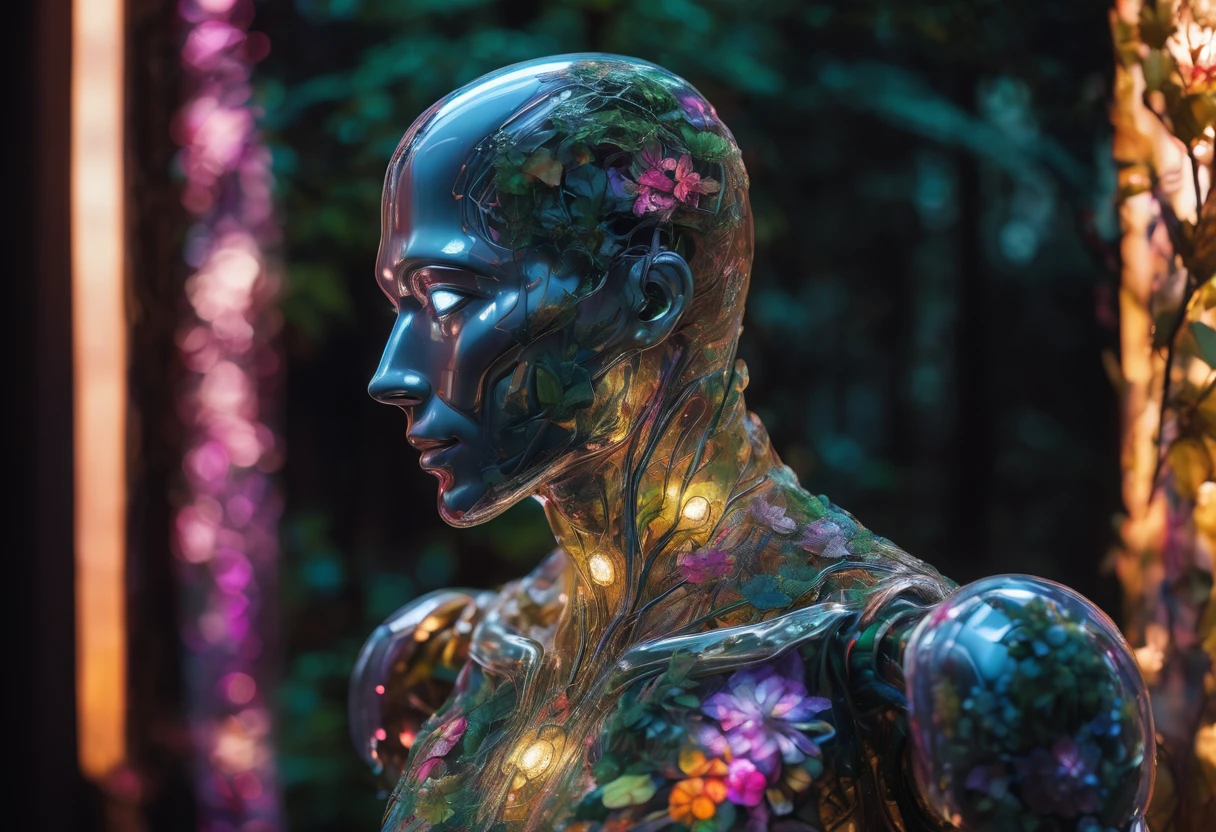 high detailed professional upper body photo of a transparent porcelain android looking at viewer,with glowing backlit panels,anatomical plants,dark forest,night,darkness,grainy,shiny,intricate plant details,with vibrant colors,colorful plumage,bold colors,flora,contrasting shadows,realistic,photographic,