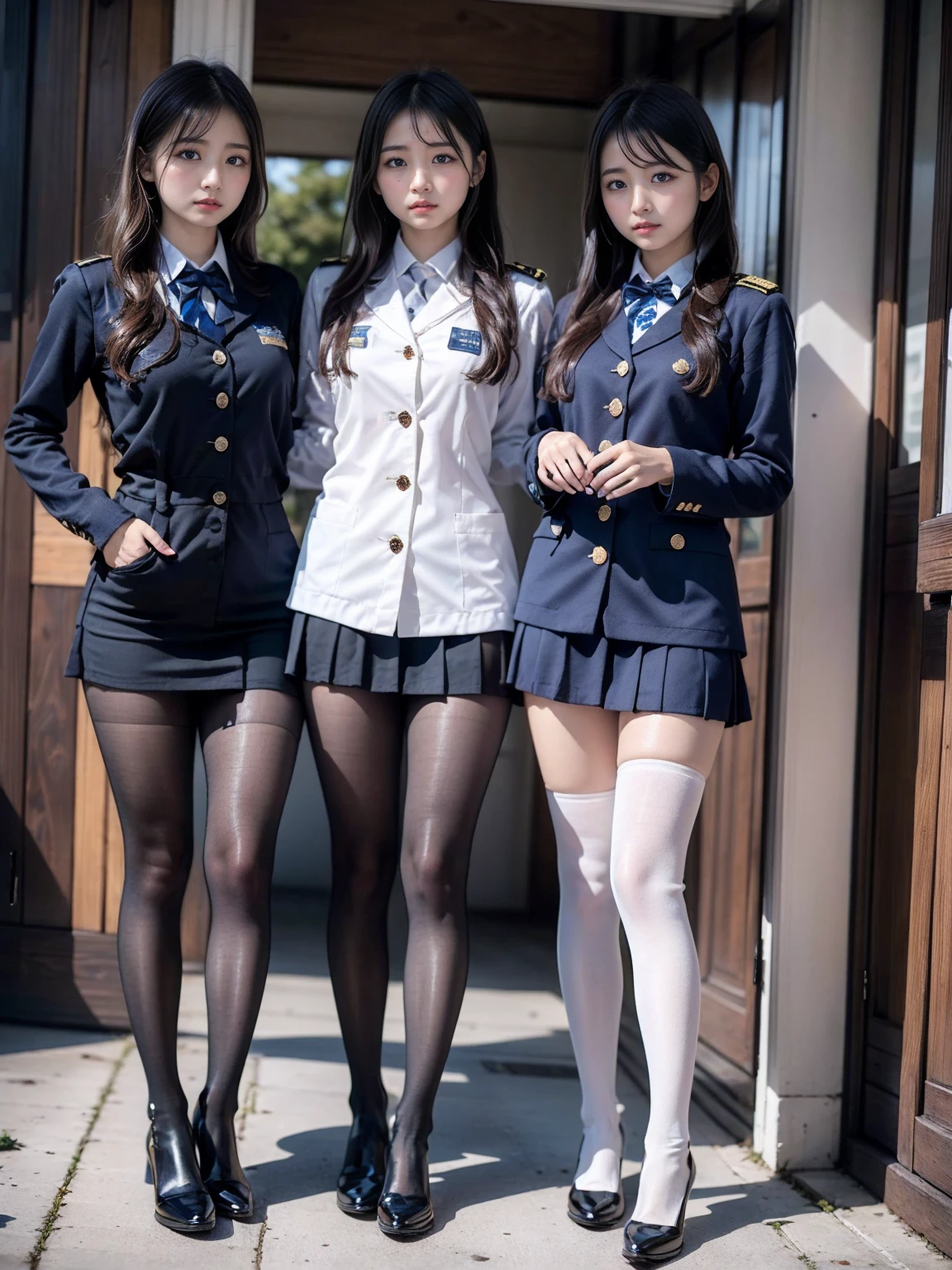 Ultra-high resolution, Realistic, Very detailed, Golden Ratio, Highest quality, 3人はAre standing姿の全身ショット, (promotional photoshoot), (Are standing), Three people stand on the floor in high heels, (Three beautiful high school girl secretaries with exemplary figures), Beautiful Face, (Realisticな face), (Blondeのショートカット:1.3), Japanese Blonde, Blonde, short hair, hair band, Glare, Frowning, Drooling, Long Tongue, Verbal invitation, compensate, Frowning, Frowningをする, Surrealism, First Person View, First Person View, Wide-angle, Ultra-high resolution, Anatomically correct, Super detailed, 16K, (Two beautiful secretaries,Standing side by side), They both wear the same uniform, (She is wearing a navy blue mini uniform..), (Not exposed),Not see-through, (wide thighs), (Very long legs), Dark blue uniform, (Micro Mini Skirt), (Her uniform is covered in white semen), No semen on my face, (Semen is an opaque white liquid), Contrast between black pantyhose and white semen, Clearly visible, (A lot of white semen flows on black pantyhose), (Scattered sperm)