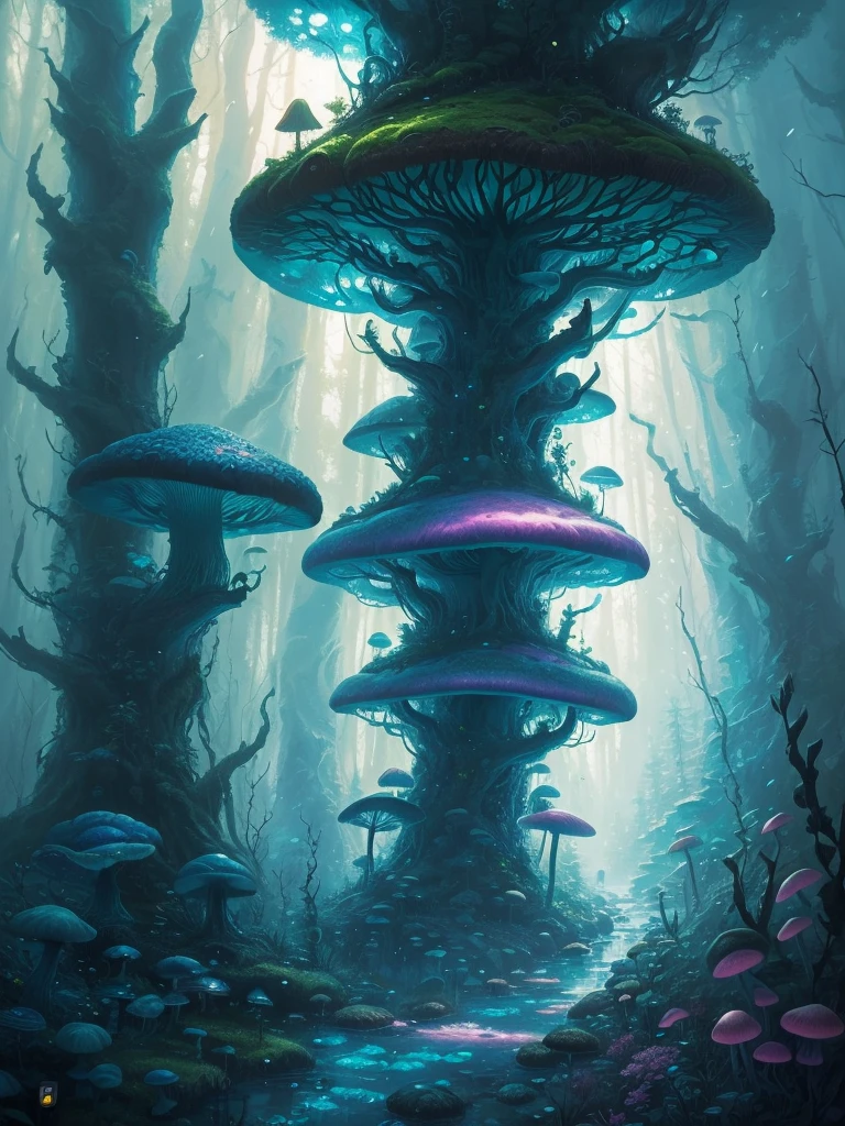 a close up of a painting of a forest with mushrooms, mushroom forest, mushroom city, underwater mushroom forest, highly detailed fantasy art, magical environment, slavic city. big mushrooms, magic mushrooms, by Mike "Beeple" Winkelmann, 🌺 cgsociety, fantasy art landscape, fantasy matte painting,cute, fantasy art behance