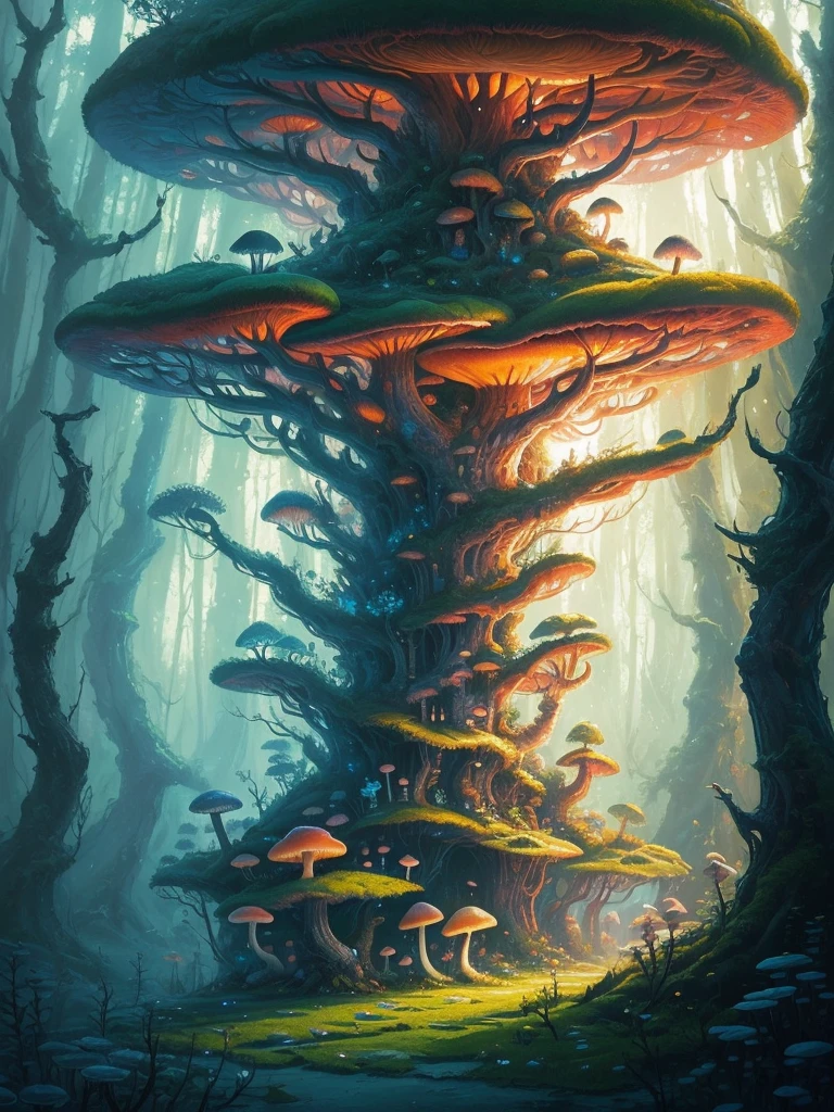 a close up of a painting of a forest with mushrooms, mushroom forest, mushroom city, underwater mushroom forest, highly detailed fantasy art, magical environment, slavic city. big mushrooms, magic mushrooms, by Mike "Beeple" Winkelmann, 🌺 cgsociety, fantasy art landscape, fantasy matte painting，cute, fantasy art behance