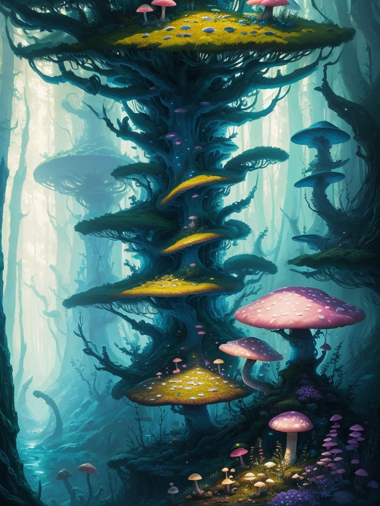 a close up of a painting of a forest with mushrooms, mushroom forest, mushroom city, underwater mushroom forest, highly detailed fantasy art, magical environment, slavic city. big mushrooms, magic mushrooms, by Mike "Beeple" Winkelmann, 🌺 cgsociety, fantasy art landscape, fantasy matte painting，cute, fantasy art behance