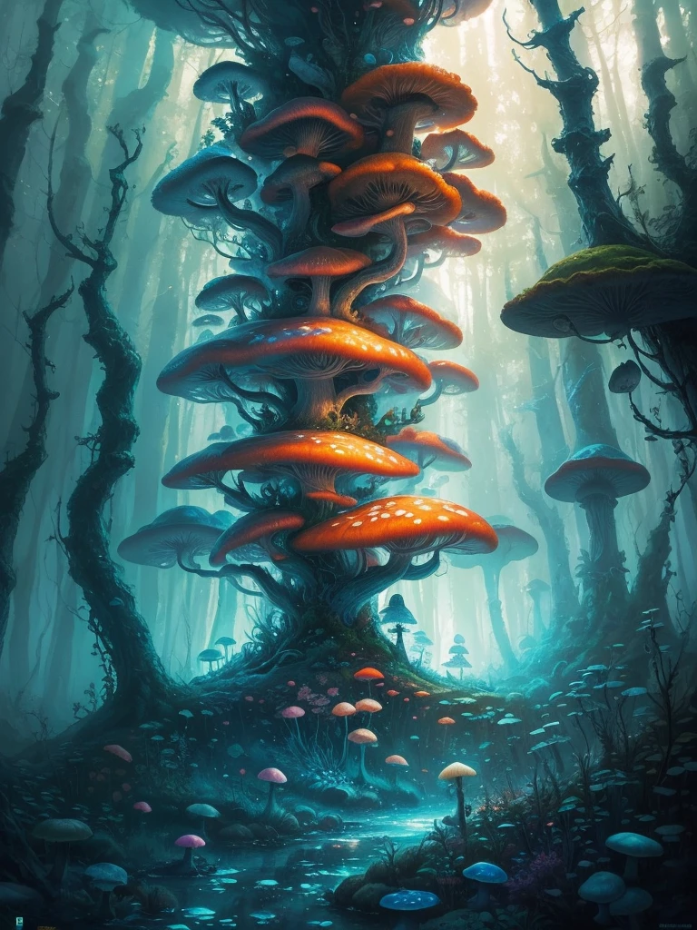 a close up of a painting of a forest with mushrooms, mushroom forest, mushroom city, underwater mushroom forest, highly detailed fantasy art, magical environment, slavic city. big mushrooms, magic mushrooms, by Mike "Beeple" Winkelmann, 🌺 cgsociety, fantasy art landscape, fantasy matte painting，cute, fantasy art behance