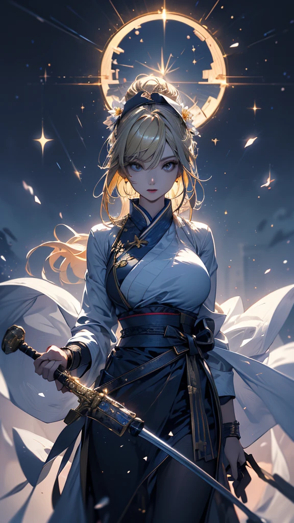 masterpiece, high quality, 4K, Beautiful design, silhouette,blonde, 非常に詳細な夜のStarry Sky,Flower Field, wonderful, Finer details, Very knowledgeable woman, Highly detailed solo, 1 female,Big Breasts,Nurse Costume,Combat Uniform,Night view,Starry Sky,full moon,