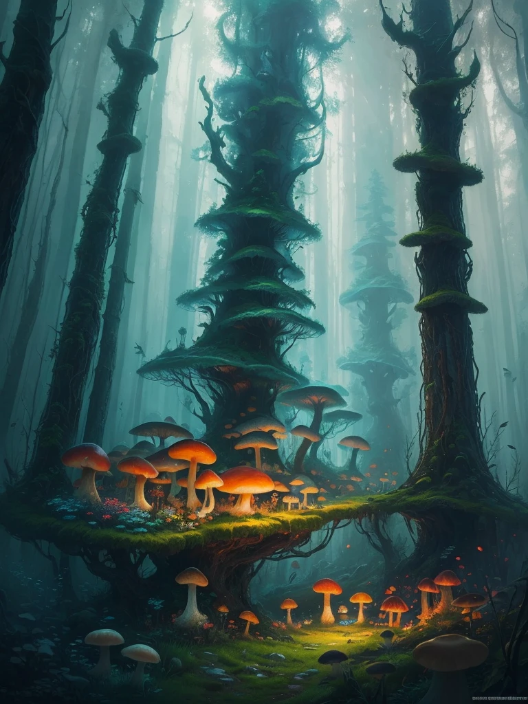 a close up of a painting of a forest with mushrooms, mushroom forest, mushroom city, underwater mushroom forest, highly detailed fantasy art, magical environment, slavic city. big mushrooms, magic mushrooms, by Mike "Beeple" Winkelmann, 🌺 cgsociety, fantasy art landscape, fantasy matte painting，cute, fantasy art behance