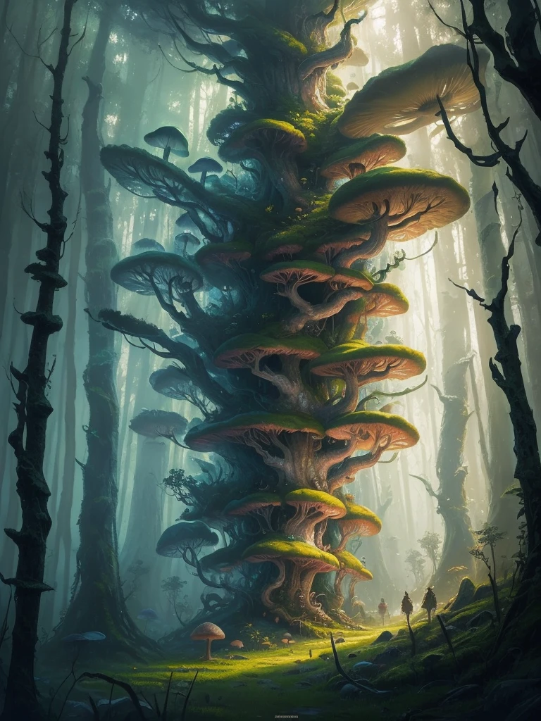 a close up of a painting of a forest with mushrooms, mushroom forest, mushroom city, underwater mushroom forest, highly detailed fantasy art, magical environment, slavic city. big mushrooms, magic mushrooms, by Mike "Beeple" Winkelmann, 🌺 cgsociety, fantasy art landscape, fantasy matte painting，cute, fantasy art behance