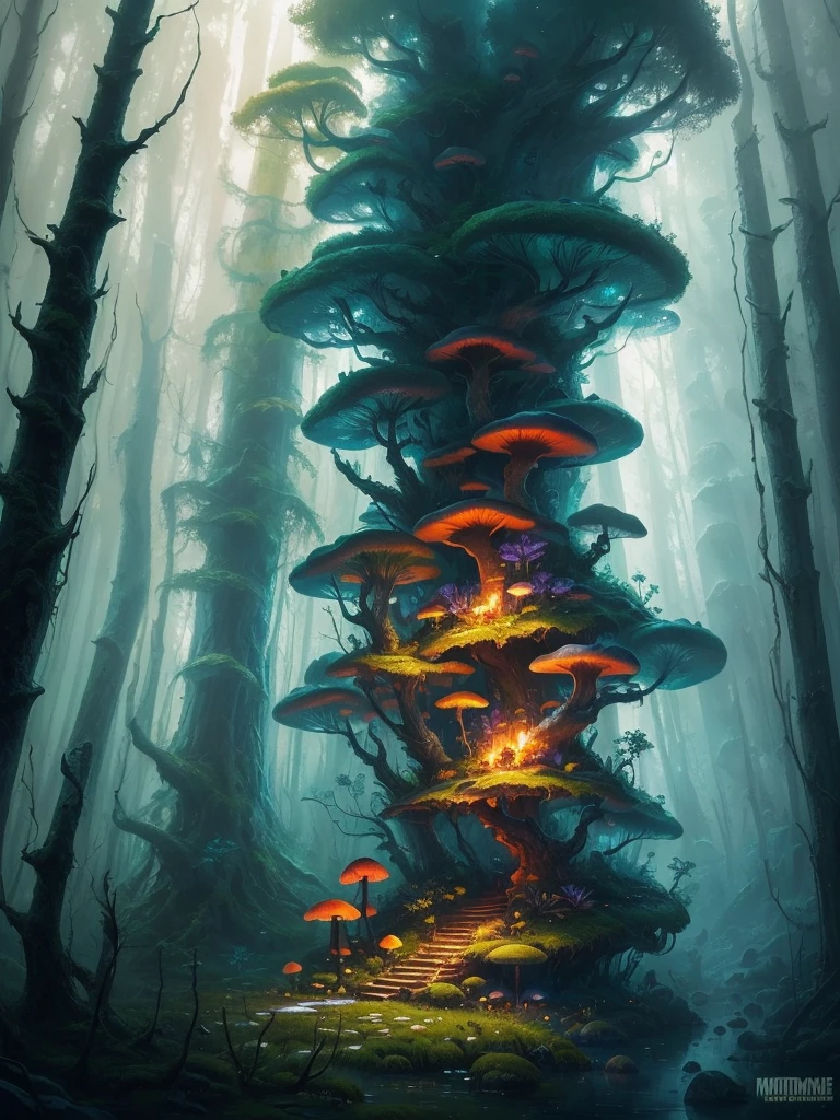 a close up of a painting of a forest with mushrooms, mushroom forest, mushroom city, underwater mushroom forest, highly detailed fantasy art, magical environment, slavic city. big mushrooms, magic mushrooms, by Mike "Beeple" Winkelmann, 🌺 cgsociety, fantasy art landscape, fantasy matte painting，cute, fantasy art behance