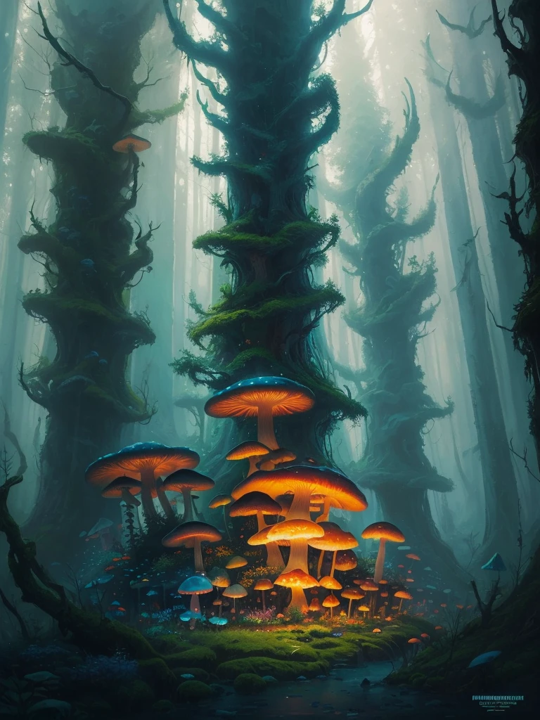 a close up of a painting of a forest with mushrooms, mushroom forest, mushroom city, underwater mushroom forest, highly detailed fantasy art, magical environment, slavic city. big mushrooms, magic mushrooms, by Mike "Beeple" Winkelmann, 🌺 cgsociety, fantasy art landscape, fantasy matte painting，cute, fantasy art behance