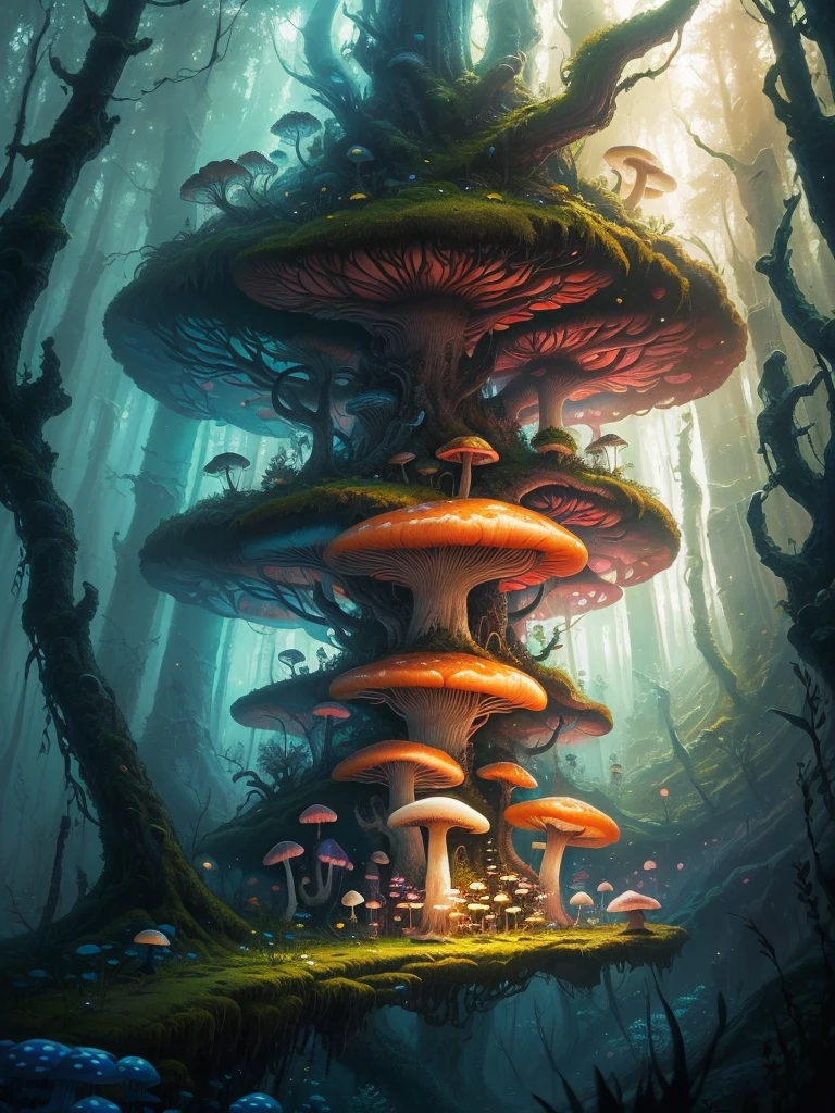 a close up of a painting of a forest with mushrooms, mushroom forest, mushroom city, underwater mushroom forest, highly detailed fantasy art, magical environment, slavic city. big mushrooms, magic mushrooms, by Mike "Beeple" Winkelmann, 🌺 cgsociety, fantasy art landscape, fantasy matte painting，cute, fantasy art behance