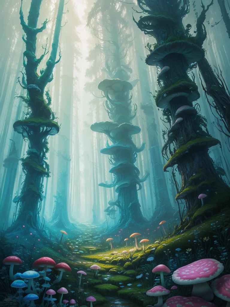 a close up of a painting of a forest with mushrooms, mushroom forest, mushroom city, underwater mushroom forest, highly detailed fantasy art, magical environment, slavic city. big mushrooms, magic mushrooms, by Mike "Beeple" Winkelmann, 🌺 cgsociety, fantasy art landscape, fantasy matte painting，cute, fantasy art behance