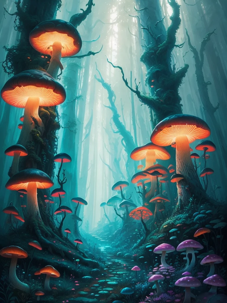 a close up of a painting of a forest with mushrooms, mushroom forest, mushroom city, underwater mushroom forest, highly detailed fantasy art, magical environment, slavic city. big mushrooms, magic mushrooms, by Mike "Beeple" Winkelmann, 🌺 cgsociety, fantasy art landscape, fantasy matte painting，cute, fantasy art behance