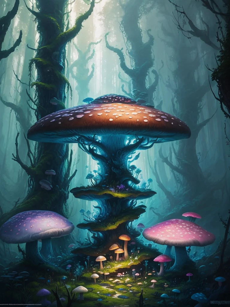 a close up of a painting of a forest with mushrooms, mushroom forest, mushroom city, underwater mushroom forest, highly detailed fantasy art, magical environment, slavic city. big mushrooms, magic mushrooms, by Mike "Beeple" Winkelmann, 🌺 cgsociety, fantasy art landscape, fantasy matte painting，cute, fantasy art behance