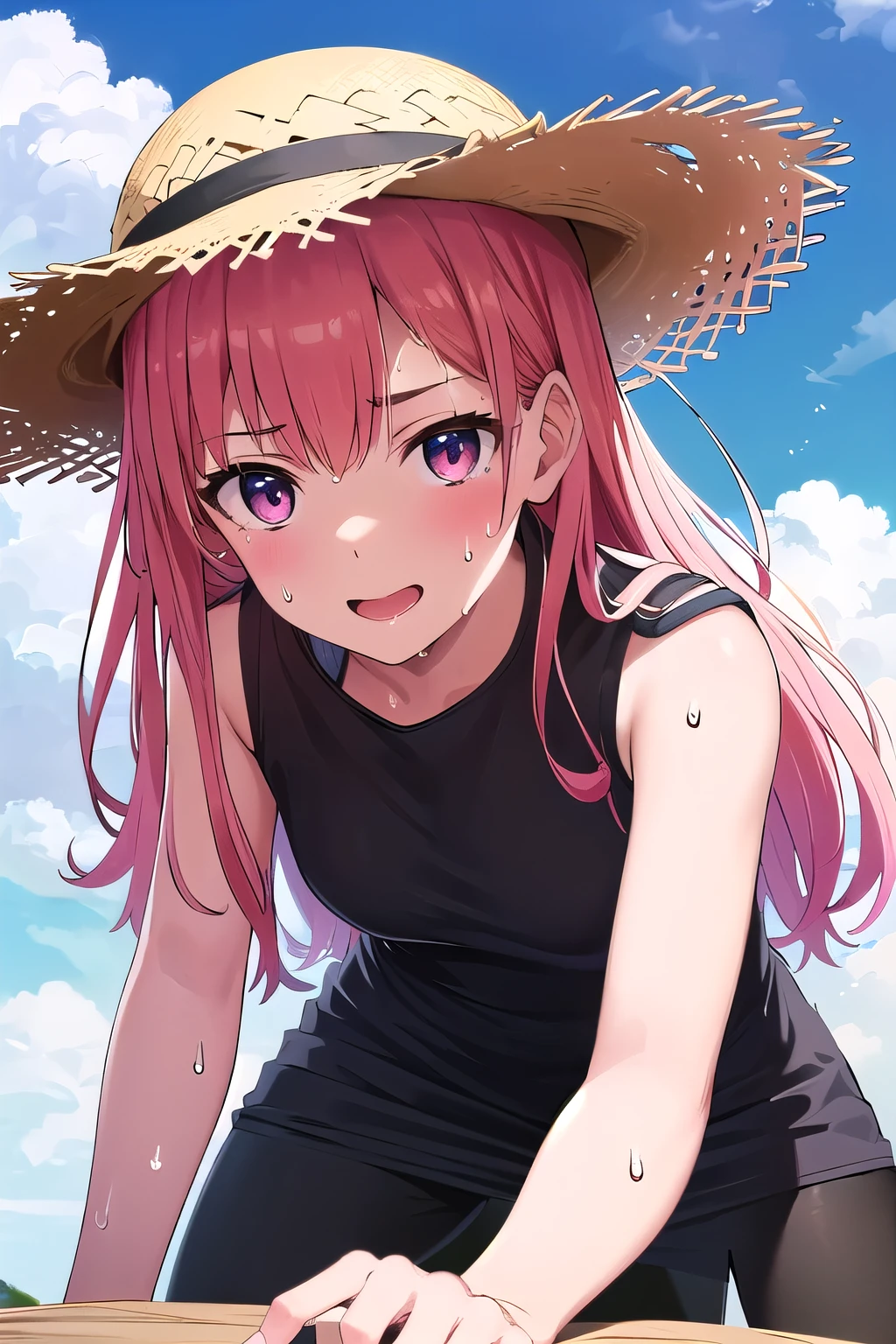 (8K, top-quality, masterpiece:1.2), (reallistic, Photorealsitic:1.37), Super Detail, One girl,), (Highly detailed), (beautifully detailed eyes), (of the highest quality), (super detailed ), (masterpiece), (Detailed face),20yr old, ,1 girl, ((pink hair,long hair)), medium breasts, clothed, Perfect Lighting, BREAK, (black tight dress:1.5), (long skirt:1.3), (embroidered hem:1.2), (Black high-gloss tights: 1.3), (white sandals:1.2), (straw hat:1.5), (white ribbon:1.3), (summer:1.4), (lightweight fabric:1.2), BRAKE, (upper body to thighs:1.2), (long pink hair:1.3), (gentle smile:1.2), (face slightly up:1.2), (holding a straw hat:1.2), (summer sky with cumulus clouds:1.4), (backlit:1.2), BRAKE (sweat:1.5), (steam:1.2), (girl trembling with sexual climax:1.1), (looking at viewer:1.3),
