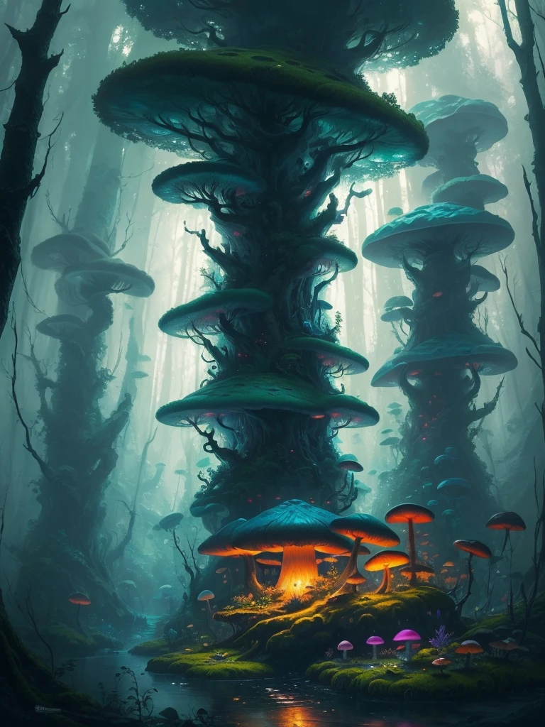 a close up of a painting of a forest with mushrooms, mushroom forest, mushroom city, underwater mushroom forest, highly detailed fantasy art, magical environment, slavic city. big mushrooms, magic mushrooms, by Mike "Beeple" Winkelmann, 🌺 cgsociety, fantasy art landscape, fantasy matte painting，cute, fantasy art behance