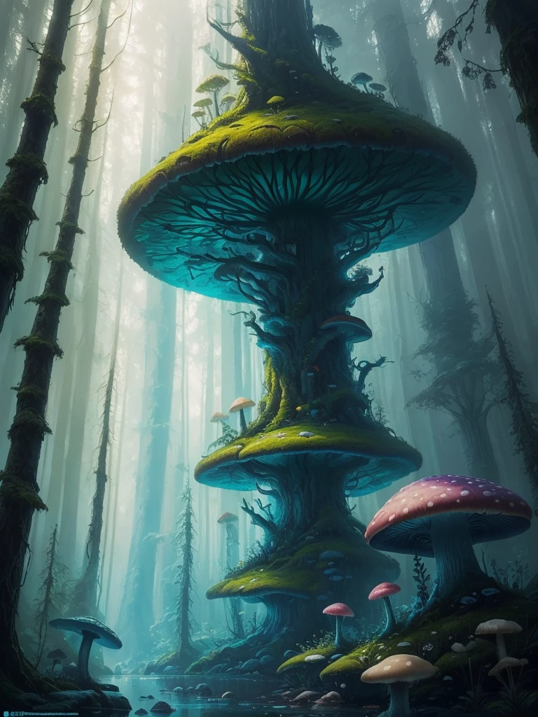 a close up of a painting of a forest with mushrooms, mushroom forest, mushroom city, underwater mushroom forest, highly detailed fantasy art, magical environment, slavic city. big mushrooms, magic mushrooms, by Mike "Beeple" Winkelmann, 🌺 cgsociety, fantasy art landscape, fantasy matte painting，cute, fantasy art behance