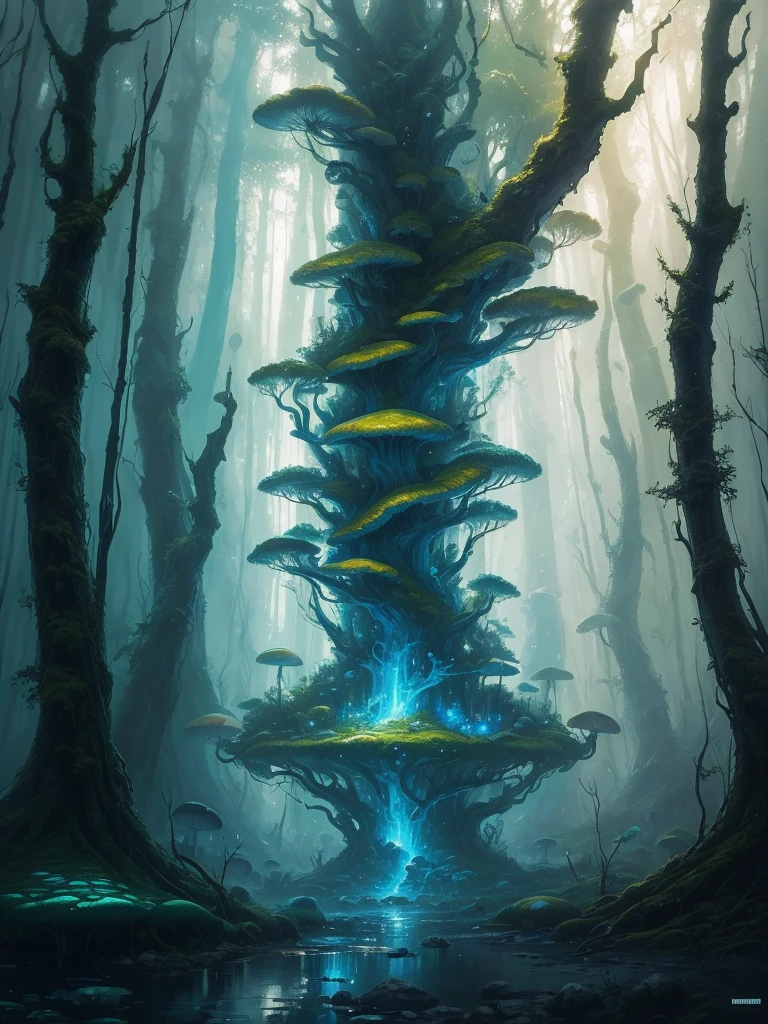 a close up of a painting of a forest with mushrooms, mushroom forest, mushroom city, underwater mushroom forest, highly detailed fantasy art, magical environment, slavic city. big mushrooms, magic mushrooms, by Mike "Beeple" Winkelmann, 🌺 cgsociety, fantasy art landscape, fantasy matte painting，cute, fantasy art behance