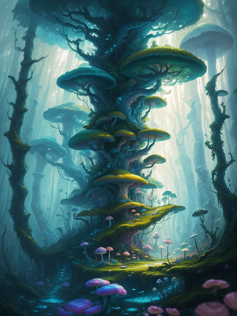 a close up of a painting of a forest with mushrooms, mushroom forest, mushroom city, underwater mushroom forest, highly detailed fantasy art, magical environment, slavic city. big mushrooms, magic mushrooms, by Mike "Beeple" Winkelmann, 🌺 cgsociety, fantasy art landscape, fantasy matte painting，cute, fantasy art behance