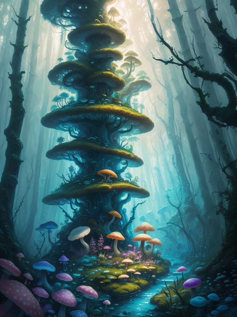 a close up of a painting of a forest with mushrooms, mushroom forest, mushroom city, underwater mushroom forest, highly detailed fantasy art, magical environment, slavic city. big mushrooms, magic mushrooms, by Mike "Beeple" Winkelmann, 🌺 cgsociety, fantasy art landscape, fantasy matte painting，cute, fantasy art behance