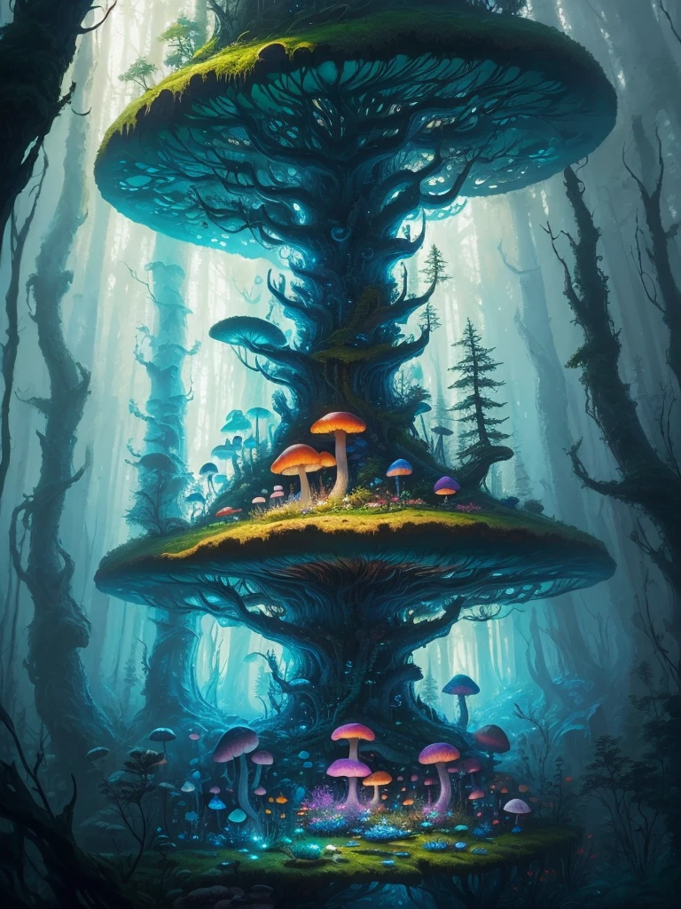 a close up of a painting of a forest with mushrooms, mushroom forest, mushroom city, underwater mushroom forest, highly detailed fantasy art, magical environment, slavic city. big mushrooms, magic mushrooms, by Mike "Beeple" Winkelmann, 🌺 cgsociety, fantasy art landscape, fantasy matte painting，cute, fantasy art behance