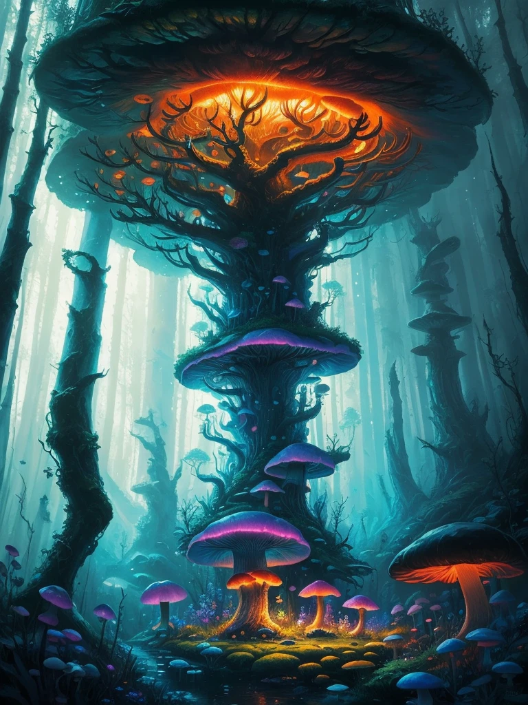 a close up of a painting of a forest with mushrooms, mushroom forest, mushroom city, underwater mushroom forest, highly detailed fantasy art, magical environment, slavic city. big mushrooms, magic mushrooms, by Mike "Beeple" Winkelmann, 🌺 cgsociety, fantasy art landscape, fantasy matte painting，cute, fantasy art behance