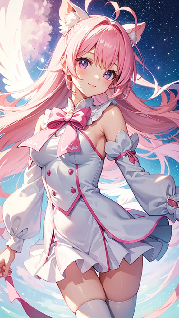 Magical girl　White costume　Short mini skirt　Pink long hair　No sleeve　Ribbon in hair　smile　Great style　Directly facing　universe