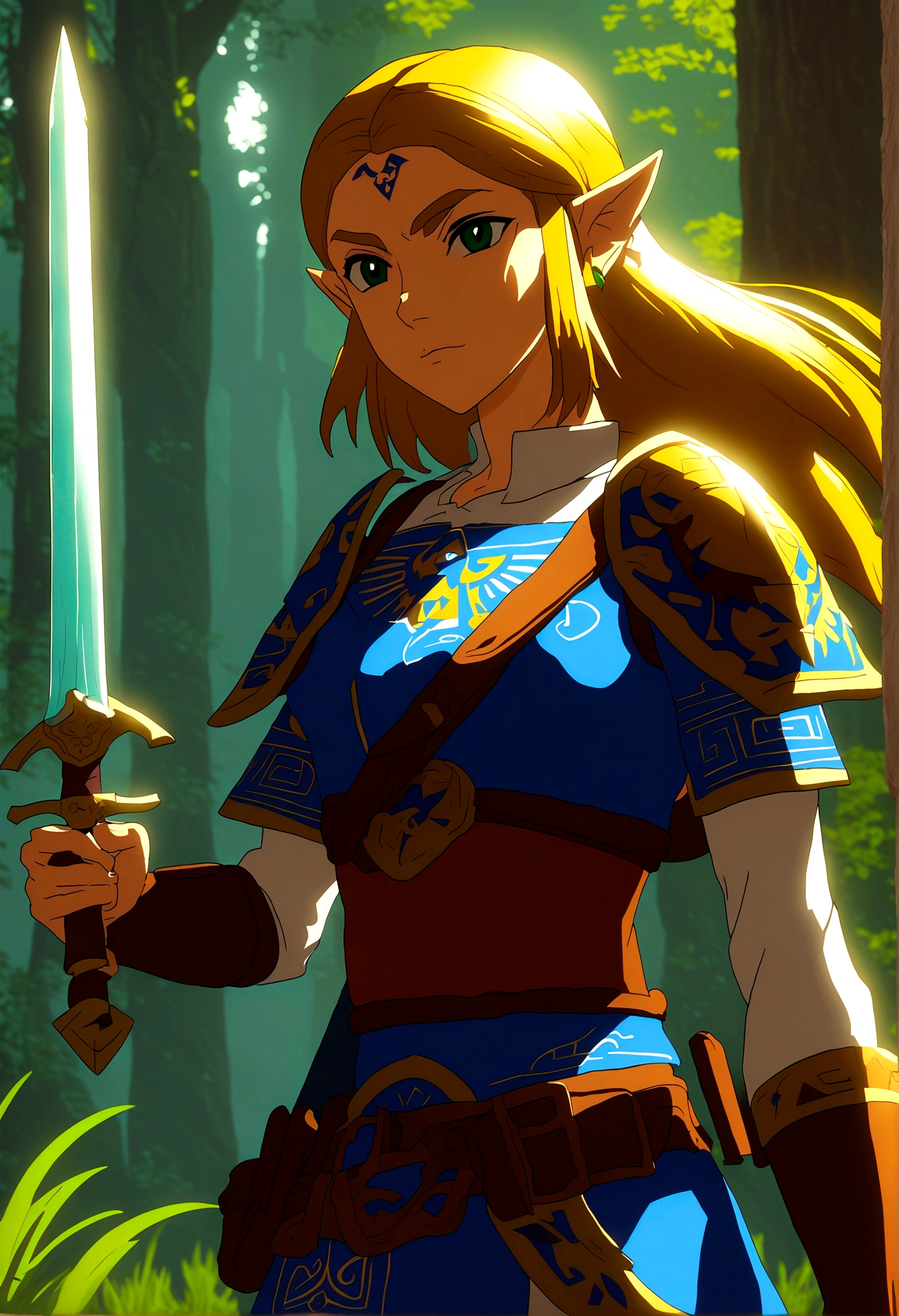 In a mesmerizing piece of milf-style art inspired by "The Legend of Zelda", a captivating woman is depicted. With a timeless allure, she dons an elegant dress that echoes the classic Zelda attire, complete with a green tapestry and a gold Hylian crest. Her hair, cascading in loose waves, is a brilliant blend of auburn and gold, reminiscent of the vibrant autumn leaves of Hyrule. A subtle hint of red blush graces her high cheekbones, adding a touch of charm and youthfulness to her otherwise mature features. Her eyes, sparkling with an inexplicable depth, are a mesmerizing shade