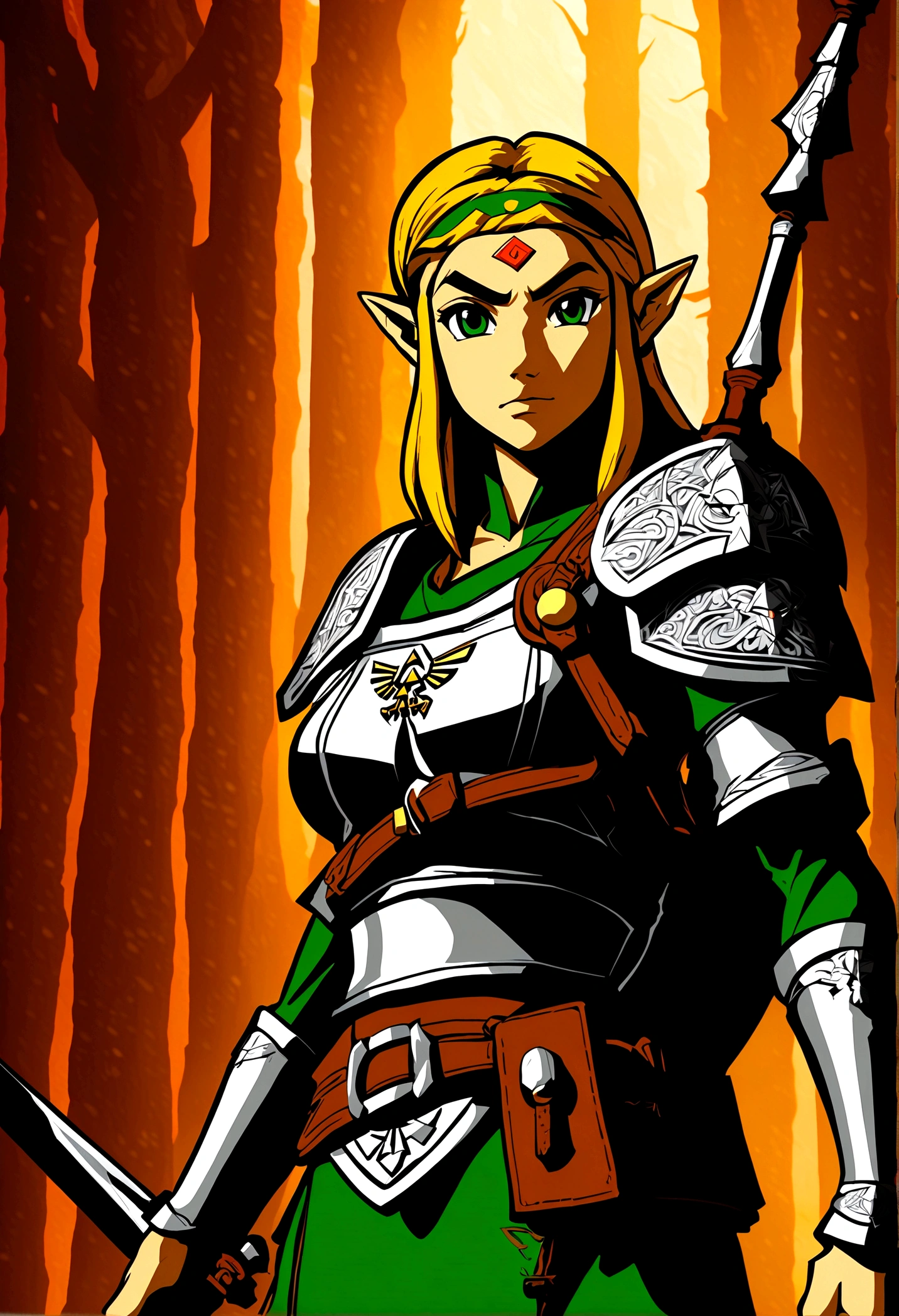 In a mesmerizing piece of milf-style art inspired by "The Legend of Zelda", a captivating woman is depicted. With a timeless allure, she dons an elegant dress that echoes the classic Zelda attire, complete with a green tapestry and a gold Hylian crest. Her hair, cascading in loose waves, is a brilliant blend of auburn and gold, reminiscent of the vibrant autumn leaves of Hyrule. A subtle hint of red blush graces her high cheekbones, adding a touch of charm and youthfulness to her otherwise mature features. Her eyes, sparkling with an inexplicable depth, are a mesmerizing shade