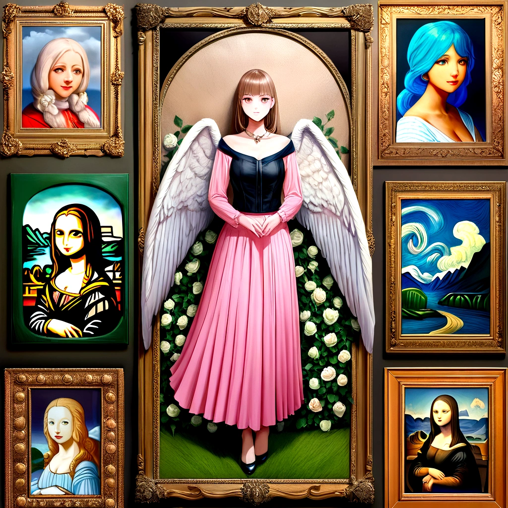 kawaii、Pale pink color illustration、(Angel wings、😇、a smile、😌🥰Archaic Smile).hyper realstic、Ultra-realistic、Depiction of the human body without distortion、Monna Lisa、Woman in the Arms、Near and far law、Three-dimensional、Contemporary painting、moderno、world masterpiece、collection、Homage to the art or artist work of Picasso and Renoir, Not sentimental、Excellent portrayal、Gentle expression、More detailed character faces, Serious competition、Compositions like paintings、(Konmutsuki_Gacha_Series 1, punk_rosette), Realistic、Delicate brushwork、aqua color flowers, (Full body, elegant flowers background)