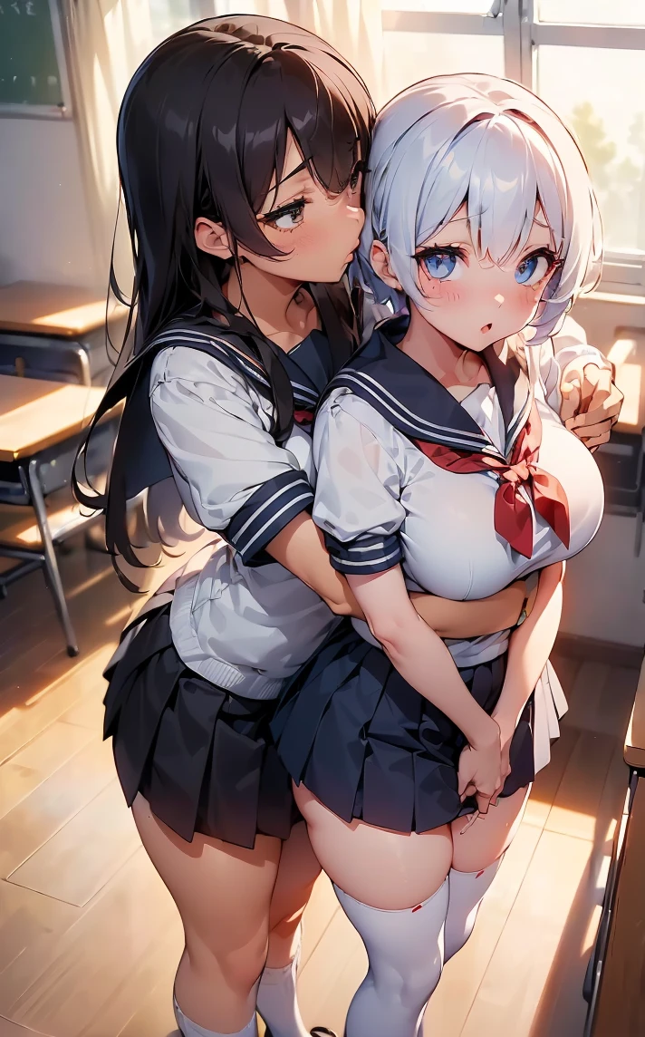 (Cute eyes:1.2), (classroom:1.2),(Beautiful Eyes:1.2), Highest quality,wonderful,finely,Highly detailed CG Unity 8k wallpaper, (Hug from behind:1.5),(Put your hand in the skirt:1.3),(sexual harassment:1.2),(Love juice:1.3),(kiss:1.3),(Two people with height difference:1.5), (Two Girls, Sailor suit, Skinny body, Dressed), (Huge breasts), (Open your mouth:1.1),(White knee socks:1.3),(Thighs:1.3),(Waistline:1.2),(お揃いのSailor suit:1.2),(From behind:1.2),(Beautiful eyes:1.2),(Different hairstyle),(They both have different eye colors:1.5),(They both have different skin colors:1.5),(Thighsまで隠れるニーソックス:1.2),(Very short skirt:1.3),(Arms don't stick together:1.2)
