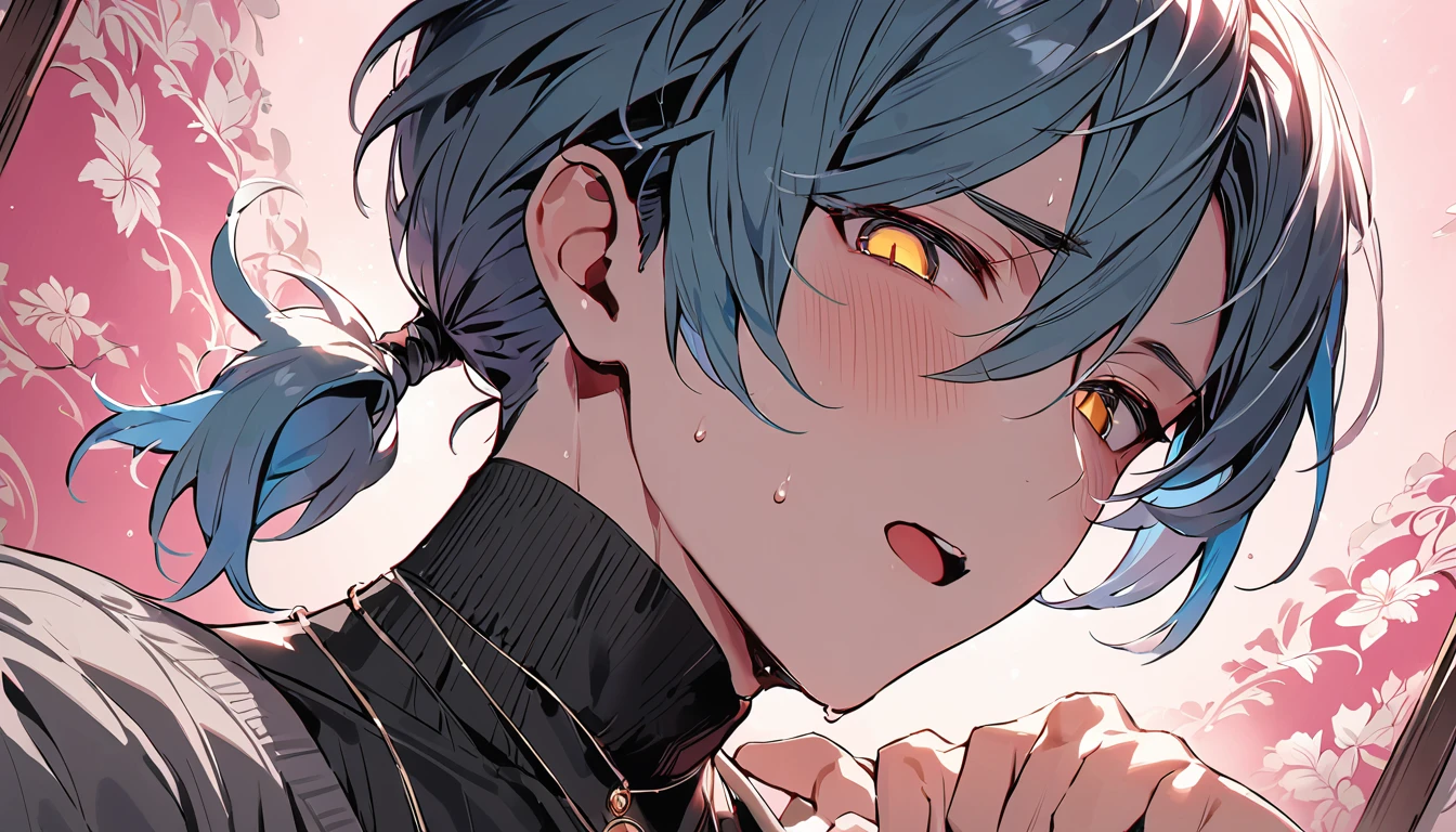 ((((best masterpiece, best quality, wallpaper,)))) solo, guy, male body, small muscles, flat chest, 1male, 30 years old, handsome man, dramatic angle, upper body, looking at viewers, beautiful detailed, mediumturquoise hair, ((((Lower short ponytail)))), asymmetrical bangs, ((short hair,)) blush stickers, sweat, (((perfect face, extremely detailed eyes,))) ((( jitome, gold eyes, ^o^, tareme, droopy eyes,))) perfect hands, sharp nose, clear face, black turtleneck, grey cardigan, ((silver piercing, pendant,)) leggings, pink background color ultrasharp, 8K, masterpiece,