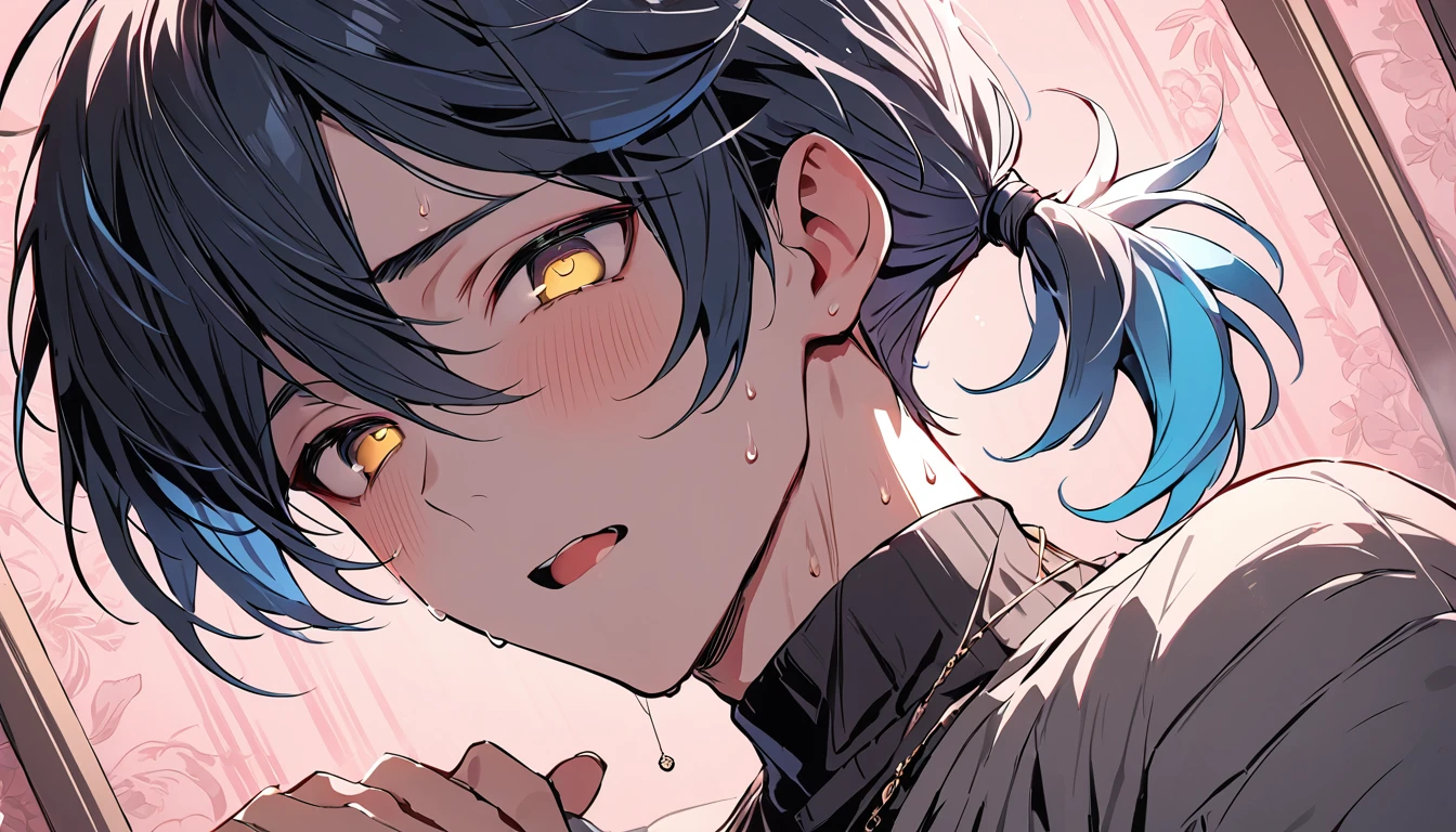 ((((best masterpiece, best quality, wallpaper,)))) solo, guy, male body, small muscles, flat chest, 1male, 30 years old, handsome man, dramatic angle, upper body, looking at viewers, beautiful detailed, mediumturquoise hair, ((((Lower short ponytail)))), asymmetrical bangs, ((short hair,)) blush stickers, sweat, (((perfect face, extremely detailed eyes,))) ((( jitome, gold eyes, ^o^, tareme, droopy eyes,))) perfect hands, sharp nose, clear face, black turtleneck, grey cardigan, ((silver piercing, pendant,)) leggings, pink background color ultrasharp, 8K, masterpiece,