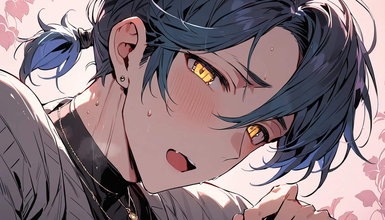 ((((best masterpiece, best quality, wallpaper,)))) solo, guy, male body, small muscles, flat chest, 1male, 30 years old, handsome man, dramatic angle, upper body, looking at viewers, beautiful detailed, mediumturquoise hair, ((((Lower short ponytail)))), asymmetrical bangs, ((short hair,)) blush stickers, sweat, (((perfect face, extremely detailed eyes,))) ((( jitome, gold eyes, ^o^, tareme, droopy eyes,))) perfect hands, sharp nose, clear face, black turtleneck, grey cardigan, ((silver piercing, pendant,)) leggings, pink background color ultrasharp, 8K, masterpiece,