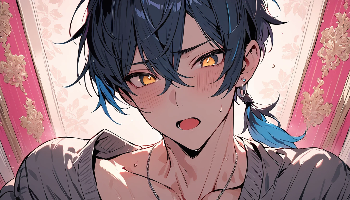 ((((best masterpiece, best quality, wallpaper,)))) solo, guy, male body, small muscles, flat chest, 1male, 30 years old, handsome man, dramatic angle, upper body, looking at viewers, beautiful detailed, mediumturquoise hair, ((((Lower short ponytail)))), asymmetrical bangs, ((short hair,)) blush stickers, sweat, (((perfect face, extremely detailed eyes,))) ((( jitome, gold eyes, ^o^, tareme, droopy eyes,))) perfect hands, sharp nose, clear face, black turtleneck, grey cardigan, ((silver piercing, pendant,)) leggings, pink background color ultrasharp, 8K, masterpiece,