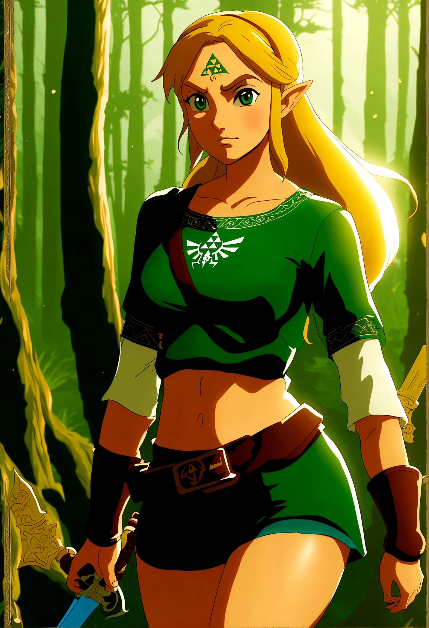 In a mesmerizing piece of milf-style art inspired by "The Legend of Zelda", a captivating woman is depicted. With a timeless allure, she dons an elegant dress that echoes the classic Zelda attire, complete with a green tapestry and a gold Hylian crest. Her hair, cascading in loose waves, is a brilliant blend of auburn and gold, reminiscent of the vibrant autumn leaves of Hyrule. A subtle hint of red blush graces her high cheekbones, adding a touch of charm and youthfulness to her otherwise mature features. Her eyes, sparkling with an inexplicable depth, are a mesmerizing shade