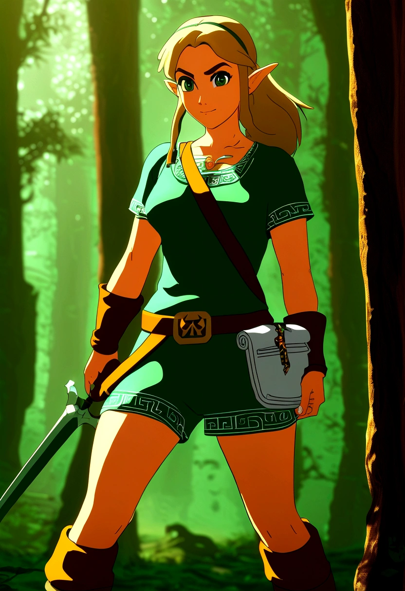 In a mesmerizing piece of milf-style art inspired by "The Legend of Zelda", a captivating woman is depicted. With a timeless allure, she dons an elegant dress that echoes the classic Zelda attire, complete with a green tapestry and a gold Hylian crest. Her hair, cascading in loose waves, is a brilliant blend of auburn and gold, reminiscent of the vibrant autumn leaves of Hyrule. A subtle hint of red blush graces her high cheekbones, adding a touch of charm and youthfulness to her otherwise mature features. Her eyes, sparkling with an inexplicable depth, are a mesmerizing shade