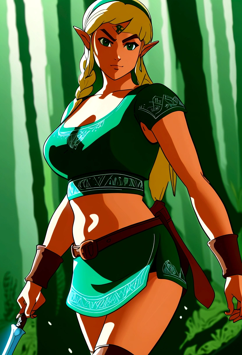 In a mesmerizing piece of milf-style art inspired by "The Legend of Zelda", a captivating woman is depicted. With a timeless allure, she dons an elegant dress that echoes the classic Zelda attire, complete with a green tapestry and a gold Hylian crest. Her hair, cascading in loose waves, is a brilliant blend of auburn and gold, reminiscent of the vibrant autumn leaves of Hyrule. A subtle hint of red blush graces her high cheekbones, adding a touch of charm and youthfulness to her otherwise mature features. Her eyes, sparkling with an inexplicable depth, are a mesmerizing shade