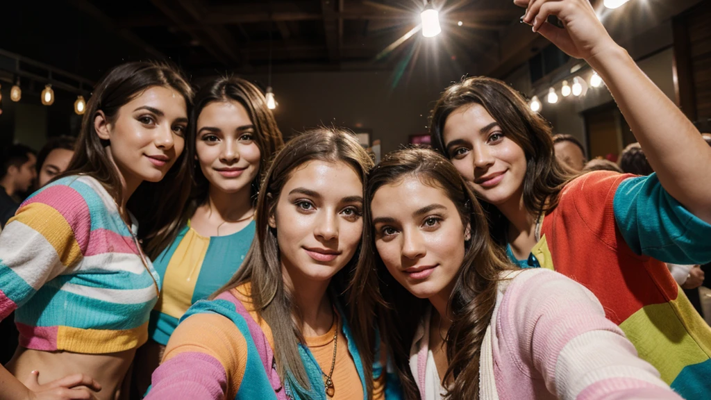 group of friends taking a selfie, light background, people with colorful clothes, high quality image