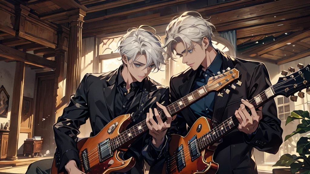 "best quality , High quality , The best details ,Portrait of a passionate guitarist,2 men, in the bedroom,A place where sunlight shines through , Create a play of light and shadow.. Guitarist holding a wooden guitar, inside the room, striking black shirt. Mesmerizing performance moments, Musicians immerse themselves in music.,beautiful sky,a young man,short hairstyle,(black short hair),handsome, blue eyes, handsome, father,Wear a wedding ring on the finger,another man,another manwhite hair(white hair), blue eyes"