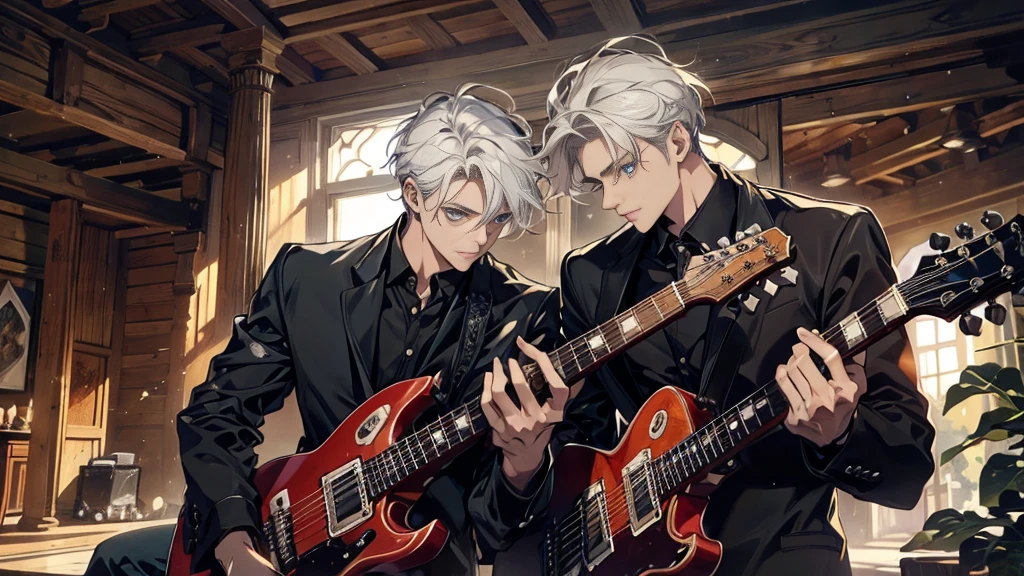 "best quality , High quality , The best details ,Portrait of a passionate guitarist,2 men, in the bedroom,A place where sunlight shines through , Create a play of light and shadow.. Guitarist holding a wooden guitar, inside the room, striking black shirt. Mesmerizing performance moments, Musicians immerse themselves in music.,beautiful sky,a young man,short hairstyle,(black short hair),handsome, blue eyes, handsome, father,Wear a wedding ring on the finger,another man,another manwhite hair(white hair), blue eyes"