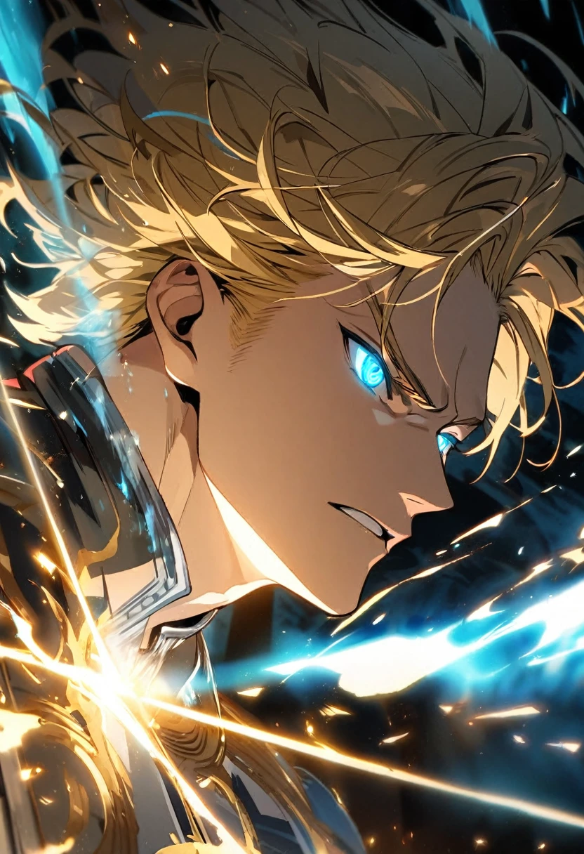 male, solo, handsome, blond hair, god, god eyes, glowing eyes, light, aura, holo, golden, face close, short hair, fighting