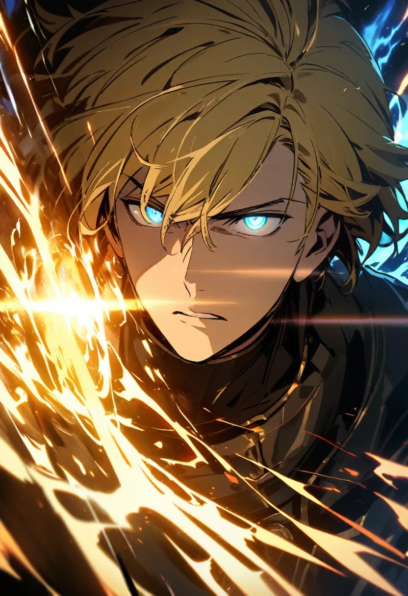 male, solo, handsome, blond hair, god, god eyes, glowing eyes, light, aura, holo, golden, face close, short hair, fighting