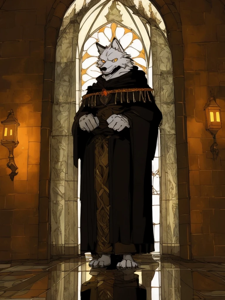 furry,sclera，red iris，White Wolf，,,Lights and reflections, , Architecture of medieval Europe, Glazed tiles,Hell version of the background
