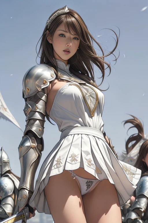 Very beautiful woman、Slender women、(Detailed face)、Realistic Skin、((Holy Knight)), ((Platinum Armor))、((((Extremely detailed and intricately decorated armor:1.1))))、((Delicate photo)),(Girl Astepeace RAW Photo Details:1.25), (Highest quality:1.6), (Ultra-high resolution:1.5), (Realistic:1.75), 8K resolution, Canon EOS R5, 50mm, Absurd, Very detailed,Cinema Lighting,((Fightfield))、((Fight))、(((White Embellished Micro Skirt)))、Polka dot panties,High leg panties:1.2,Thigh-high socks、Shingard、((Light brown hair)), {floating hair} ,Long Hair, Cape、Beautiful Armor、(((Has a huge weapon)))、(In combat)、The wind is blowing、((Symmetrical armor))、((((Blizzard))))、(((Lead a large group of knights:1.2)))、banner、(((Battle Scenes)))、((Browsing Caution:1.2))、(((I can see her panties:1.4)))、、((Skirt lift fluttering in the wind:1.4)),In the park with a fountain view,